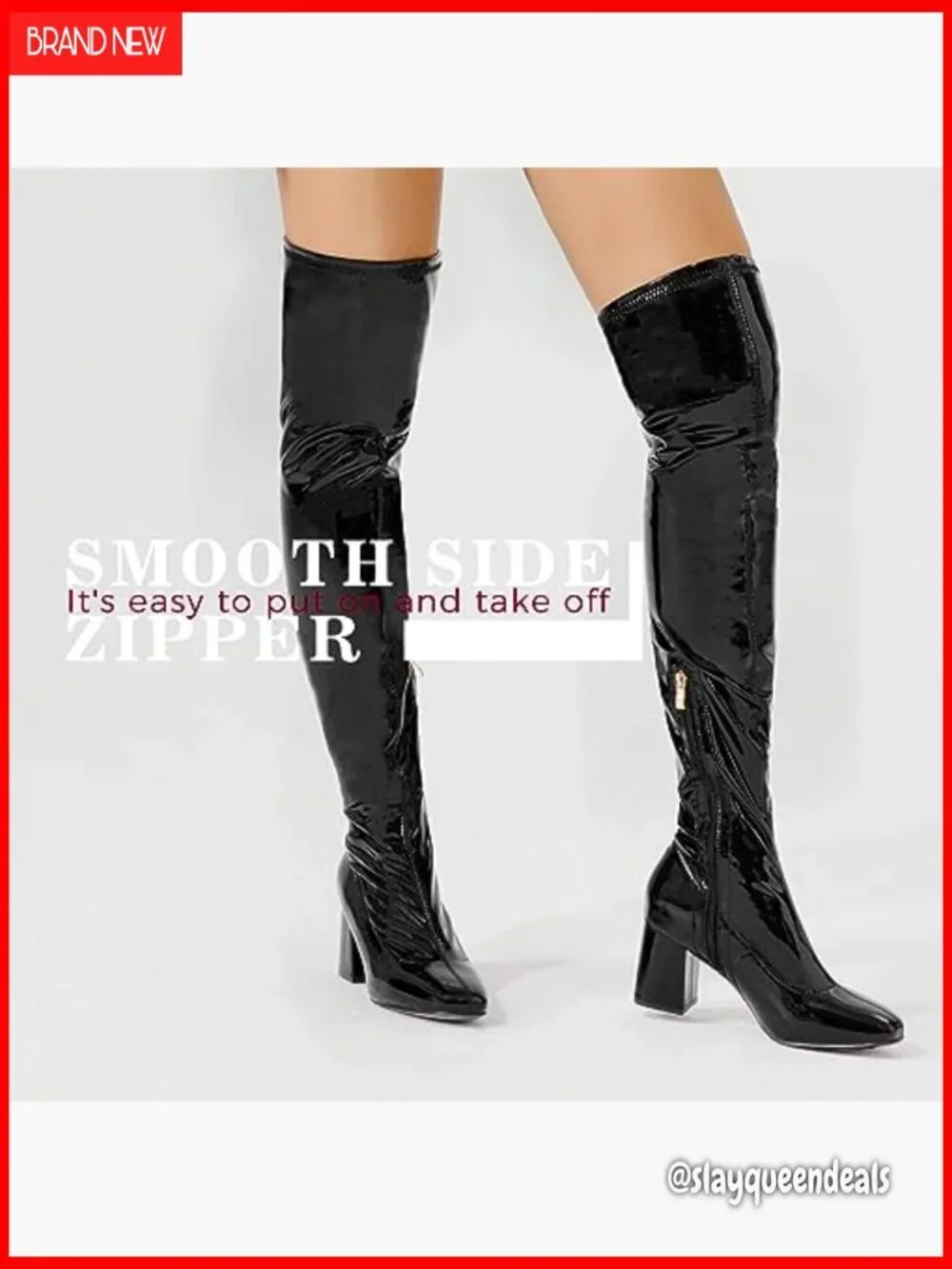 Patent Leather Over-the-Knee Boots Chunky Heel Square Toe Side Zipper